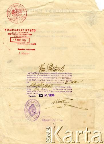 18.02.1936, Podkamień, pow. Broda, woj. tarnopolskie, Polska.
Świadectwo o nieuprawianiu żebraniny wydane dla Jana Półtoraka przez wójta gminy - Leopolda Trockiego i zatwierdzone w starostwie powiatowym w Brodach 26 lutego 1936 roku.
Fot. NN, kolekcja Janiny Półtorak, zbiory Biblioteki Polskiej im. Ignacego Domeyki w Buenos Aires (Biblioteca Polaca Ignacio Domeyko), reprodukcje cyfrowe w Ośrodku KARTA w Warszawie 



