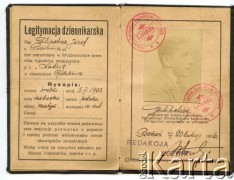 1926, Poznań, Polska.
Legitymacja dziennikarska redaktora 
