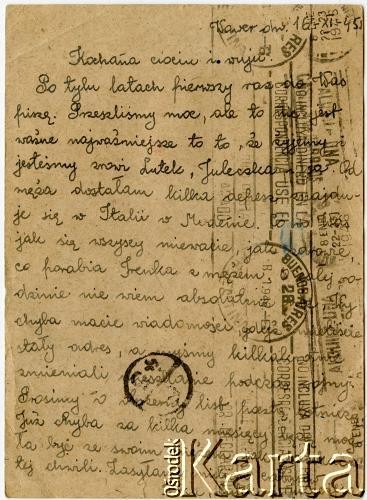 16.11.1945, Wawer koło Warszawy, Polska.
List Ludwika Korna z rodziną do F. Gąski: 