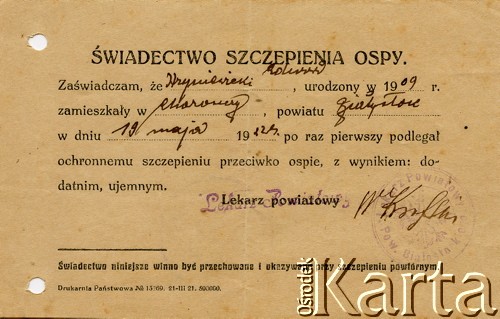Świadectwo szczepienia ospy ojca Edwarda Hryniewickiego.
Fot. NN, ze zbiorów Archivo Historico-Central 