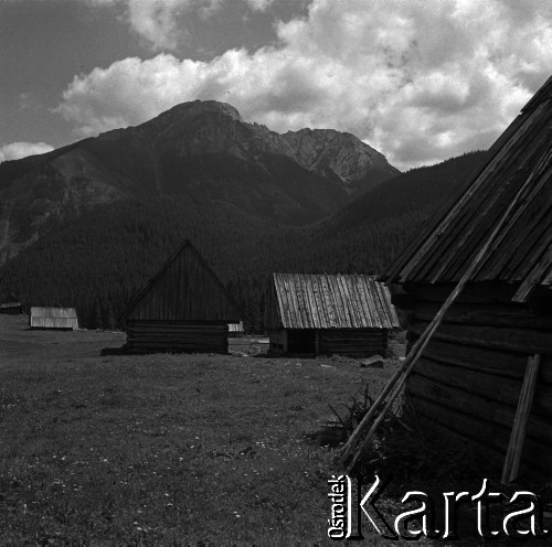 Lata 60., Dolina Chochołowska, Tatry, Polska.
Szałasy pasterskie w Dolinie Chochołowskiej, w głębi Kominiarski Wierch.
Fot. Marek Zürn, zbiory Fundacji Ośrodka KARTA
