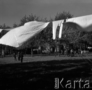 Lata 60., Warszawa, Polska.
Suszące się pranie na skwerku na Żoliborzu.
Fot. Marek Zürn, zbiory Fundacji Ośrodka KARTA