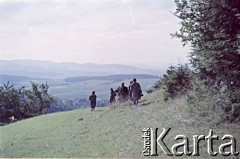 1958, Ławica k. Kłodzka, Polska.
Obóz harcerski drużyny 121 z Żoliborza, n/z harcerki podczas marszu.
Fot. Marek Zürn, zbiory Fundacji Ośrodka KARTA