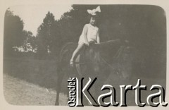 1920-1930, miejsce nieznane, Polska.
Dziewczynka na koniu. W tle łąka i drzewa.
Fot. NN, kolekcja rodziny Walińskich, zbiory Fundacji Ośrodka KARTA