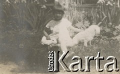 1920-1930, Sokola Góra, Polska.
Dziewczynka ze zwierzętami. Siedzą na trawie w ogrodzie.
Fot. NN, kolekcja rodziny Walińskich, zbiory Fundacji Ośrodka KARTA
