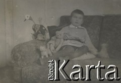 1920-1930, miejsce nieznane.
Chłopiec. Siedzi na sofie z zabawkami.
Fot. NN, kolekcja rodziny Walińskich, zbiory Fundacji Ośrodka KARTA