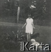 1930-1940, miejsce nieznane, Polska.
Dziewczynka z psem w ogrodzie.
Fot. NN, kolekcja rodziny Walińskich, zbiory Fundacji Ośrodka KARTA
