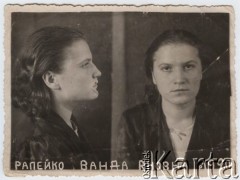 1941, Pińsk
Zdjęcie więzienne Wandy Rapejko ur. 1920, wykonane w pińskim więzieniu (z kliszy znalezionej po ucieczce sowietów w 1941 r.). Wanda Rapejko została wywieziona do ZSSR i jej dalsze losy nie są znane.
Fot. NN, zbiory Ośrodka KARTA, udostępnił Edmund Iwaszkiewicz.