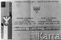 1939, Rumunia
Dyplom dla Dr. med. Władysława Twardosza 