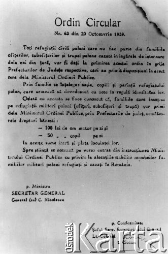 20.10.1939, Rumunia
Dokument władz rumuńskich przyznający pomoc finansową rodzinom polskich żołnierzy pozostających w obozach internowania.
Fot. NN, zbiory Ośrodka KARTA, udostępnił Tadeusz Dubicki.