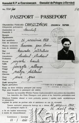 22.02.1940, Czerniowce, Rumunia
Paszport Zbigniewa Chaszczyńskiego wydany przez Konsulat R.P. w Czerniowcach 22 lutego 1940 r.
Fot. NN, zbiory Ośrodka KARTA, udostępnił Tadeusz Dubicki.
