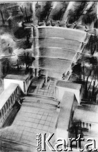 11.01.1949, Uzbecka SRR, ZSRR.
Rysunek inżyniera Zygmunta Wzorka - fragment projektu stadionu, w prawym dolnym rogu data: 