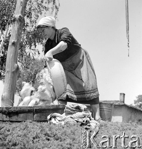 1952, Wilkowice, Polska
Kobieta wrzuca bieliznę do balii.
Fot. Irena Jarosińska, zbiory Ośrodka KARTA