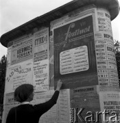 wrzesień 1954, Nowa Huta, Kraków, Polska
Kobieta wskazuje na ogłoszenie dotyczące VII Festiwalu Filmów Radzieckich.
Fot. Irena Jarosińska, zbiory Ośrodka KARTA