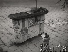 1954, Warszawa, Polska.
Dziecko z gazetą, stojące przy słupie ogłoszeniowym na jednej  z warszawskich ulic. Na słupie plakaty: 