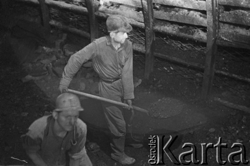 10.02.1961, Śląsk, Polska.
Rybnicki Okręg Węglowy. Górnicy podczas pracy przy wydobyciu węgla.
Fot. Irena Jarosińska, zbiory Ośrodka KARTA