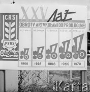 1970, Oleśnica, woj. wrocławskie, Polska.
Tablica informująca o stanie finansowym składnicy maszyn i narzędzi rolniczych należącej do Powiatowego Związku Gminnej Spółdzielni 