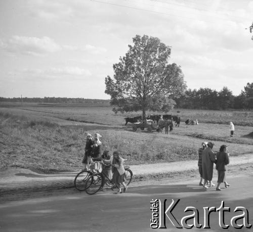1961, Kadzidło, Polska.
Kobiety na drodze. W oddali furmanka pod drzewem.
Fot. Irena Jarosińska, zbiory Ośrodka KARTA

