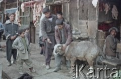 1992, Kabul, prowincja Kabul, Afganistan.
Na targu. Przy stoisku rzeźnika dzieci przytrzymują barana przeznaczonego do uboju.
Fot. Irena Jarosińska, zbiory Ośrodka KARTA
