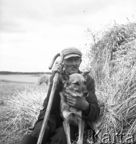 Lipiec 1956, Czarnolas (okolice), Polska.
Stary mężczyzna z psem i laską na tle stogu zboża.
Fot. Romuald Broniarek, zbiory Ośrodka KARTA