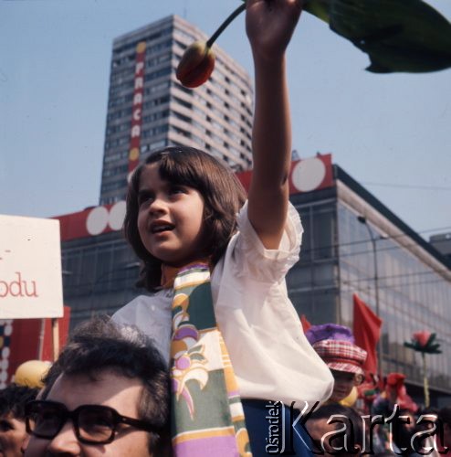 1.05.1975, Warszawa, Polska. 
Obchody święta 1 Maja, uczestnicy pochodu przechodzą ulicą Marszałkowską, na pierwszym planie dziewczynka z tulipanem w dłoni siedząca na ramionach ojca.
Fot. Romuald Broniarek/KARTA
