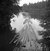 Lipiec 1961, Mazury, Polska.
Spław drewna, kuter 