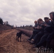 Wrzesień 1967, Lipsk (okolice), Niemiecka Republika Demokratyczna (NRD)
Polscy robotnicy z przedsiębiorstwa Hydrobudowa-6 budują rurociąg w okolicach Lipska. Na zdjęciu robotnicy podczas przerwy obiadowej, przed grupą jedzących mężczyzn stoi pies.
Fot. Romuald Broniarek/KARTA