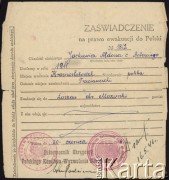 16.05.1946, ZSRR.
Dokument repatriacyjny Aldony Jackiewicz.
Fot. NN, zbiory Ośrodka KARTA, udostępniła Aldona Nikoniuk.

