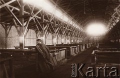 1915, Lwów.
Podzamcze. Mężczyzna w rosyjskim mundurze stoi w drewninym hangarze.
Fot. NN, zbiory Ośrodka KARTA, udostępnił Jurij Karpenczuk

