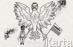 Lata 80-te, Polska.
Satyryczny rysunek przedstawiający orła z podobizną Lecha Wałęsy, który trzyma chorągiewkę z napisem 