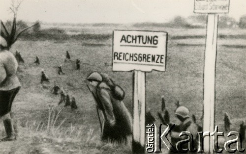 1939-1945, brak miejsca.
Grafika ilustrująca przejście żołnierzy przez granicę.
Fot. NN, zbiory Ośrodka KARTA, przekazał Jan Ptasiński