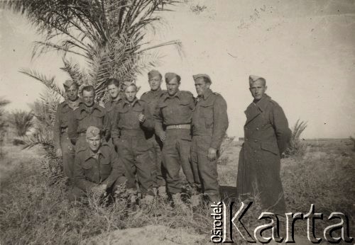 Lata 40-te, brak miejsca.
Żołnierze Armii Andersa stojący obok palmy, drugi od lewej stoi Wacław Jastrzębski.
Fot. NN, zbiory Ośrodka KARTA, udostępnił Wacław Jastrzębski

