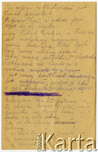 12.08.1917, Szczypiorno k/Kalisza, Polska.
List wysłany przez Juliusza Kamlera (1898-1919), żołnierza 1 Pułku Ułanów Legionów Polskich ze Szczypiorna do rodziców Amelii i Juliusza Leopolda Kamlerów zamieszkałych w Warszawie przy ulicy Pięknej. Juliusz Kamler został internowany w obozie w Szczypiornie w lipcu 1917 roku i przebywał tam do grudnia tego samego roku. W liście wyraża swój podziw nad działalnością kaliskiego oddziału Ligi Kobiet Polskich, pisze o nauce w obozie oraz o problemach z cenzurą.
Fot. zbiory Ośrodka KARTA, Pogotowie Archiwalne [PAF_004], udostępniła Anna Stańczykowska