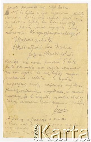 9.10.1917, Szczypiorno k/Kalisza, Polska.
List wysłany przez Juliusza Kamlera (1898-1919), żołnierza 1 Pułku Ułanów Legionów Polskich ze Szczypiorna do rodziców Amelii i Juliusza Leopolda Kamlerów zamieszkałych w Warszawie przy ulicy Pięknej. Juliusz Kamler został internowany w obozie w Szczypiornie w lipcu 1917 roku i przebywał tam do grudnia tego samego roku. Kamler informuje rodziców o wyjściu z obozu niektórych jeńców dzięki staraniom ich rodzin, prosi więc o podjęcie działań w celu uwolnienia go i na wypadek ich powodzenia o przysłanie cywilnego ubrania.
Fot. zbiory Ośrodka KARTA, Pogotowie Archiwalne [PAF_004], udostępniła Anna Stańczykowska