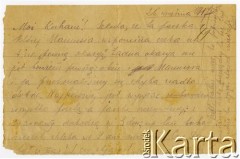 26.09.1917, Szczypiorno k/Kalisza, Polska.
 List wysłany przez Juliusza Kamlera (1898-1919), żołnierza 1 Pułku Ułanów Legionów Polskich ze Szczypiorna do rodziców Amelii i Juliusza Leopolda Kamlerów zamieszkałych w Warszawie przy ulicy Pięknej. Juliusz Kamler został internowany w obozie w Szczypiornie w lipcu 1917 roku i przebywał tam do grudnia tego samego roku. Kamler pisze, iż czeka na uwolnienie z obozu i inormuje, że paczki z Warszawy szybko do niego dochodzą.
Fot. zbiory Ośrodka KARTA, Pogotowie Archiwalne [PAF_004], udostępniła Anna Stańczykowska