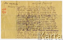 9.10.1917, Szczypiorno k/Kalisza, Polska.
List wysłany przez Juliusza Kamlera (1898-1919), żołnierza 1 Pułku Ułanów Legionów Polskich ze Szczypiorna do rodziców Amelii i Juliusza Leopolda Kamlerów zamieszkałych w Warszawie przy ulicy Pięknej. Juliusz Kamler został internowany w obozie w Szczypiornie w lipcu 1917 roku i przebywał tam do grudnia tego samego roku. W liście informuje o wyjeździe wielu jeńców do domów i dzieli się swoim żalem z racji straconego czasu spędzonego w obozie.
Fot. zbiory Ośrodka KARTA, Pogotowie Archiwalne [PAF_004], udostępniła Anna Stańczykowska