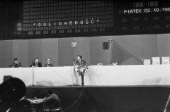 2.10.1981, Gdańsk, Polska..
Jan Rulewski prowadzący obrady I Krajowego Zjazdu Delegatów NSZZ 