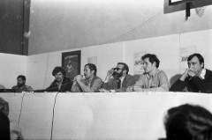 7.10.1981, Gdańsk, Polska..
Konferencja prasowa BIPS (Biuro Informacji Prasowej Solidarność) podczas drugiej tury I Krajowego Zjazdu Delegatów NSZZ 