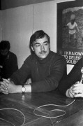 Wrzesień lub październik 1981, Gdańsk, Polska..
Konferencja prasowa BIPS (Biuro Informacji Prasowej Solidarność) podczas I Krajowego Zjazdu Delegatów NSZZ 