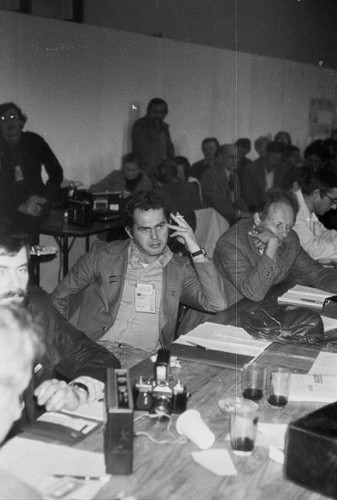 Wrzesień lub październik 1981, Gdańsk, Polska..
Uczestnicy konferencji prasowej BIPS (Biuro Informacji Prasowej Solidarność) podczas I Krajowego Zjazdu Delegatów NSZZ 