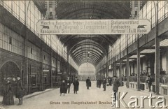 1912, Wrocław, Prusy.
Dworzec kolejowy we Wrocławiu - hala główna i podróżni. Na pocztówce napis: 
