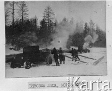1941 -1944, Lesopowal, Kołyma, ZSRR.
Oryginalny podpis: wywóz drewna, mróz 52 C. 
Fot. NN, zbiory Ośrodka KARTA