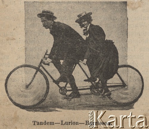 Koniec XIX w., brak miejsca.
Cykliści na tandemie: Lurion i Barrisson.
Fot. NN, zbiory Ośrodka Karta, udostępniło Warszawskie Towarzystwo Cyklistów (WTC).