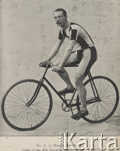 Koniec XIX w., Anerley (okolice Londynu), Wielka Brytania.
R.A. Marples - rekordzista Europy na jedną milę w zawodach amatorów.
Fot. NN, zbiory Ośrodka Karta, udostępniło Warszawskie Towarzystwo Cyklistów (WTC).
