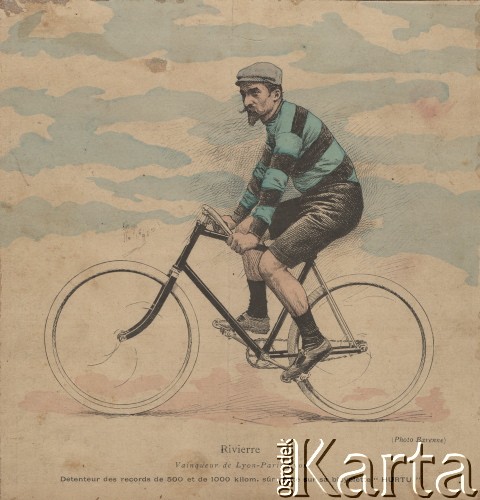Koniec XIX w., brak miejsca. 
Francuski mistrz kolarski Rivierre.
Fot. Charles Barenne, zbiory Ośrodka Karta, udostępniło Warszawskie Towarzystwo Cyklistów (WTC).