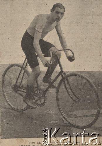 Koniec XIX wieku, brak miejsca.
Tom Linton - zwycięzca wyścigu w Buffalo.
Fot. NN, zbiory Ośrodka Karta, udostępniło Warszawskie Towarzystwo Cyklistów (WTC).
