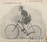 Koniec XIX wieku, brak miejsca.
J. Platt- Betts na rowerze marki J.K. Starley & Co.
Fot. NN, zbiory Ośrodka Karta, udostępniło Warszawskie Towarzystwo Cyklistów (WTC).