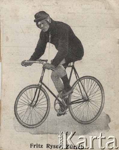 Początek XX w. Zurych, Szwajcaria.
Portret Fritza Rysera zwycięzcy wyścigu kolarskiego ze stratu zatrzymanego na mistrzostwach w 1908 r. w Berlinie.
Fot. NN, zbiory Ośrodka Karta, udostępniło Warszawskie Towarzystwo Cyklistów (WTC).
