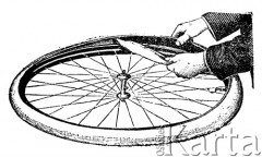 XIX wiek, brak miejsca.
Rysunek instruktażowy dotyczący wymiany dętki w kole roweru.
Fot. NN, zbiory Ośrodka Karta, udostępniło Warszawskie Towarzystwo Cyklistów (WTC).