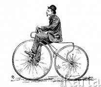 XIX wiek, brak miejsca.
Ernest Michaux na rowerze swojego pomysłu zwanym kościotłukiem.
Fot. NN, zbiory Ośrodka Karta, udostępniło Warszawskie Towarzystwo Cyklistów (WTC).